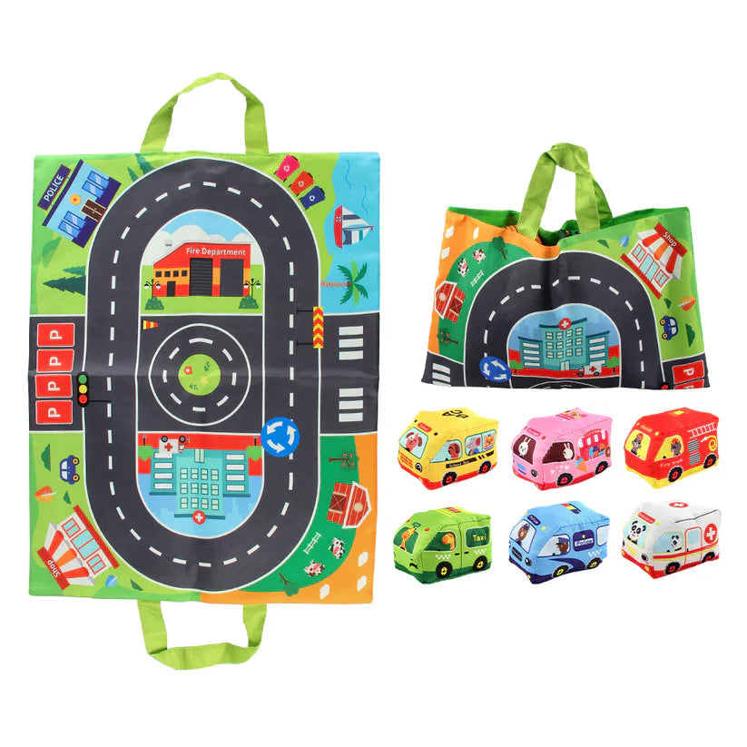 2-in-1 Sensory Plush Car Toy with Road Mat & Bag